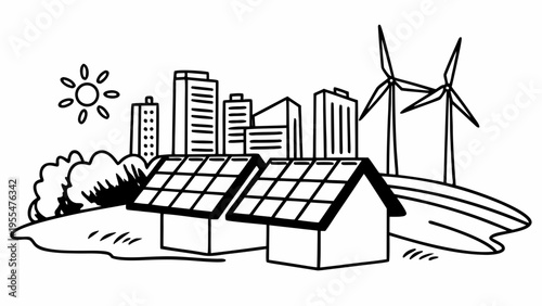 Modern city houses with solar energy solutions and wind power represent a commitment to environmental.