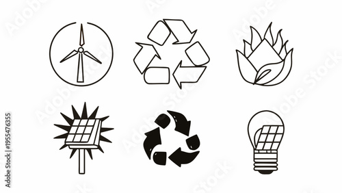 Collection of environmental icons symbolizing renewable energy, recycling, and sustainable living.
