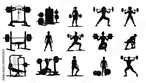 People exercising with gym equipment are depicted as black silhouettes, illustrating various weightlifting.