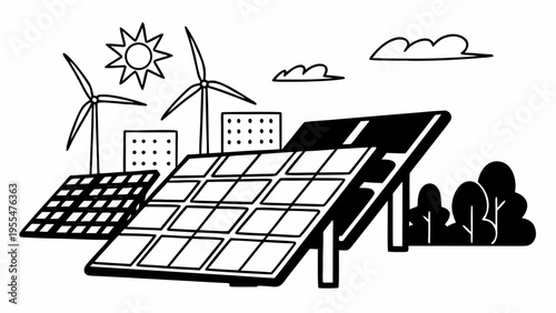 Renewable energy infrastructure with solar panels and wind turbines powers a modern city environment.