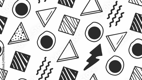 Dynamic seamless pattern showcasing hand-drawn black geometric shapes, zigzags, and striped elements.