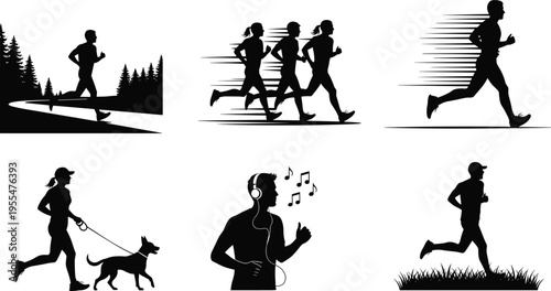 Running people silhouettes set isolated on white background, marathon runners jogging in park with dog and listening to music.