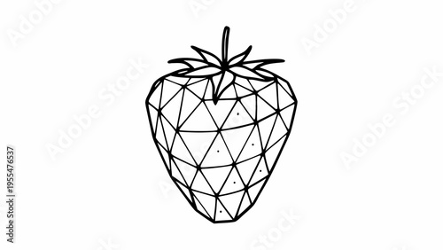 A single strawberry rendered with low-poly geometric facets stands isolated against a clean white.