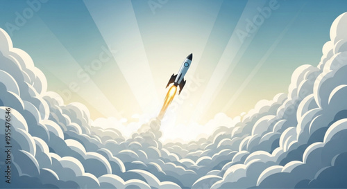 Rocket ship blasting off into sunny sky through fluffy white clouds with bright sun rays