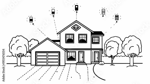 Black and white line art depicts a residential house receiving wireless security signals from external.