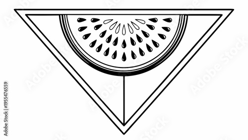 Cross section of a ripe watermelon slice enclosed within a sharp triangular frame structure.