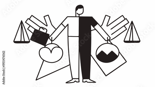 Person split in black and white holds briefcases and balancing weights representing duality.