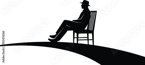 Seated person silhouette, relaxed posture, wooden chair, hat figure, peaceful mood, curved surface design, black and white illustration