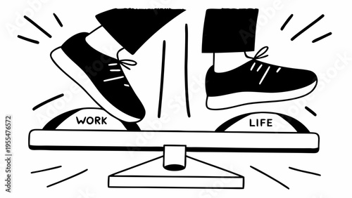 Feet wearing sneakers balance on a scale labeled work and life concepts.