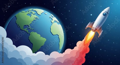 Rocket ship blasting off into space with earth in background at night