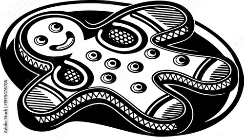 Black and white engraving depicts a smiling gingerbread man cookie resting on a dark platter.