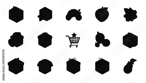 Black silhouettes of diverse objects, including a shopping cart and abstract shapes, are neatly arranged on.