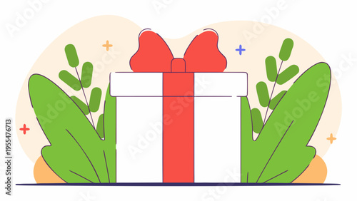 A bright white square present tied with a large red bow is nestled between large, vibrant green stylized.