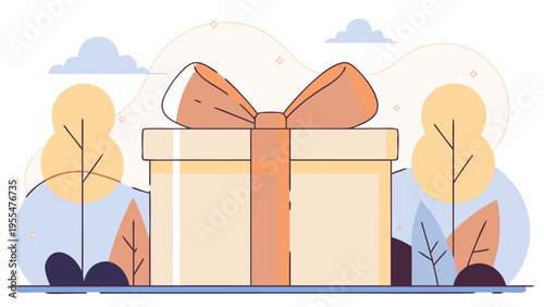 A large cream-colored gift box tied with a thick peach ribbon sits centered among stylized outdoor.