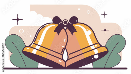 Two shiny golden jingle bells are touching, tied together with a small dark bow and surrounded by leaves.