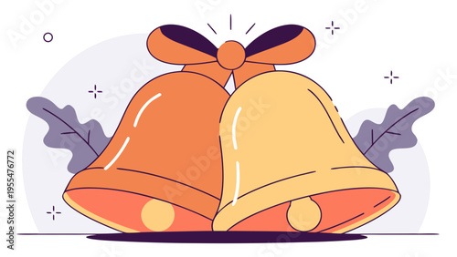 Two festive golden bells tied with a large orange bow ring brightly against a soft background of leaves.