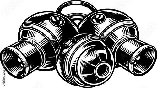 Three vintage horn bulbs are depicted in a detailed black and white engraving style illustration.