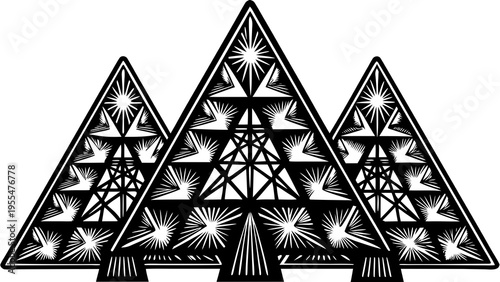 Three towering geometric triangular structures display complex internal starburst patterns in stark.