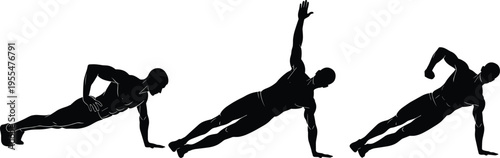 Side plank exercise silhouette illustration, fitness workout artwork, core strengthening design concept, black and white vector template collection set