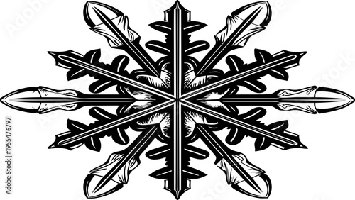 Intricate black and white snowflake design features six crossed spear points symmetrically arranged.