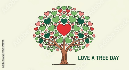 Tree with heart shaped leaves on love a tree day eco friendly symbol