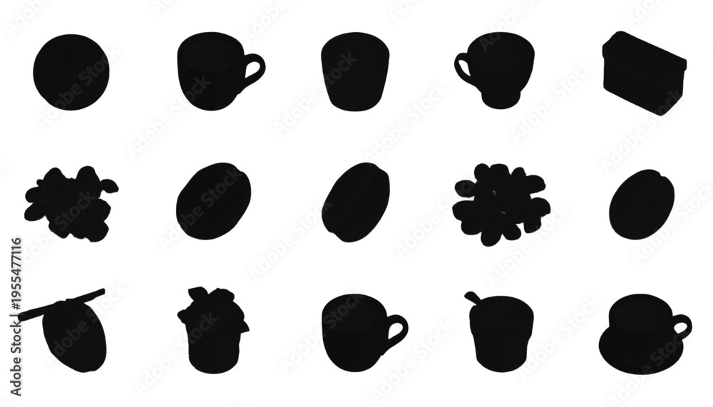 Fototapeta premium A diverse collection of black silhouette shapes including cups, circles, and organic forms are neatly.