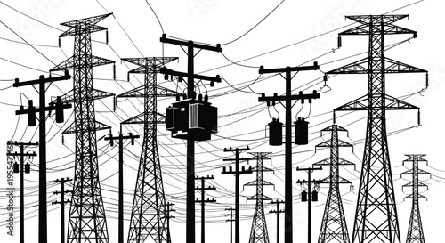 Silhouette Collection of High Voltage Transmission Towers and Electric Utility Poles for Energy Infrastructure Power Supply and Distribution Vector Illustration