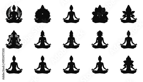 Black silhouette icons of figures in various meditation poses, some with intricate details, are arranged on.