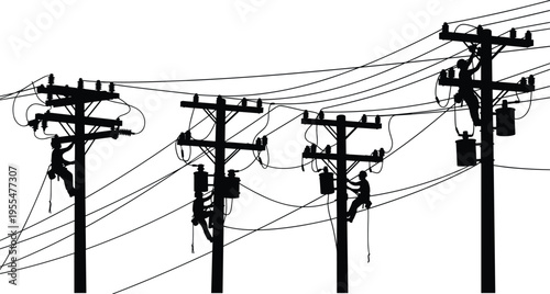 Silhouette of Electrician Linemen Working on Power Lines and Utility Poles for Maintenance Repair and Energy Infrastructure Installation in Vector Style