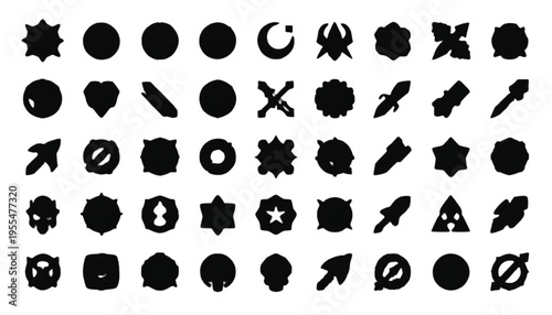 Black silhouette icons displaying a wide array of abstract shapes and distinct symbols are arranged across a.