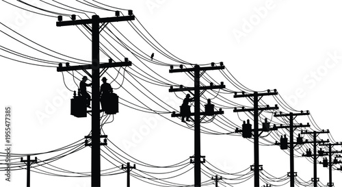 Silhouette of Multiple Electrician Linemen Working on Utility Poles and Power Lines for Energy Infrastructure Maintenance and Repair Vector Illustration