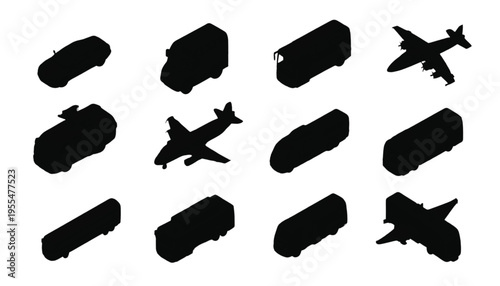 Vehicle silhouettes, including cars, vans, trucks, and airplanes, are arranged in an isometric grid on a.