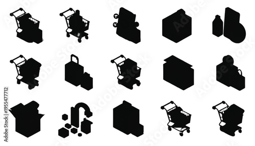 Various black silhouettes depict isometric shopping carts, containers, and product packaging elements for.