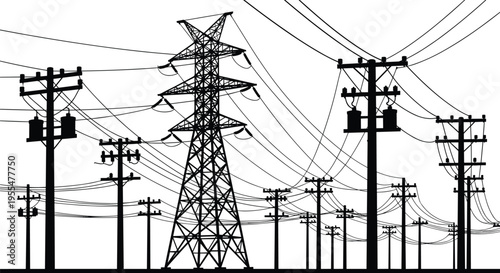 Transmission tower with utility poles silhouette illustration, electrical infrastructure artwork, power distribution network design concept, black and white vector template set