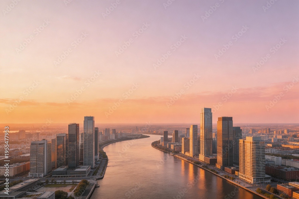 Fototapeta premium City skyline with river at sunset