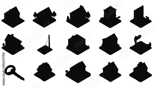 Collection of isometric black house and building icons are displayed in a grid format against white.