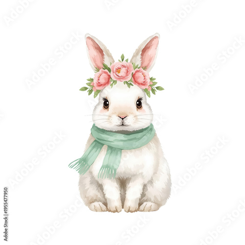 Cute watercolor white bunny wearing pink flower crown and green scarf, perfect for nursery art, Easter cards, and spring floral design