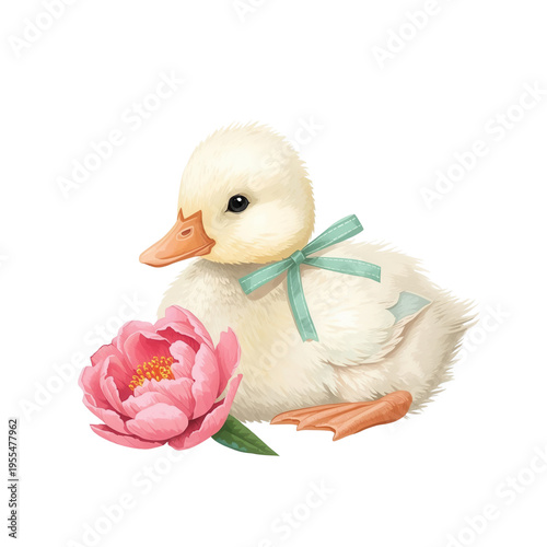 Charming watercolor illustration of a fluffy baby duckling wearing a green ribbon beside a pink peony flower, perfect for nursery prints, Easter cards, and spring decorations.