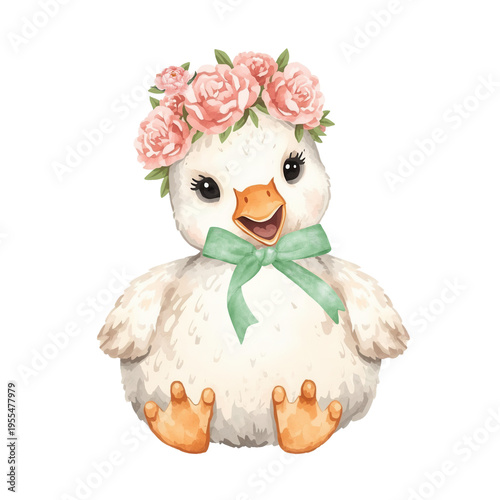 Cute watercolor white goose with pink peony flower crown and green ribbon bow, perfect for nursery art and spring floral design
