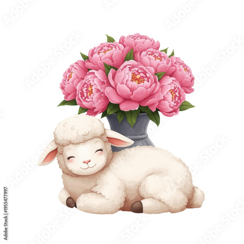 Cute watercolor lamb sleeping beside a vase of pink peonies, perfect for nursery art, baby shower invitations, and spring floral designs