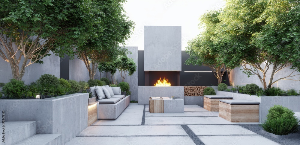 Fototapeta premium modern garden with outdoor fireplace, seating area and wooden planters