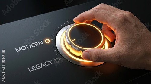 Modern, Legacy, Innovation, Transformation, Technology, Upgrade, Control concept showing a hand turning a glowing metallic dial to switch from old systems to futuristic solutions.