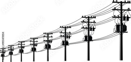Utility pole with power lines silhouette illustration, electrical infrastructure artwork, energy distribution design concept, black and white vector template set