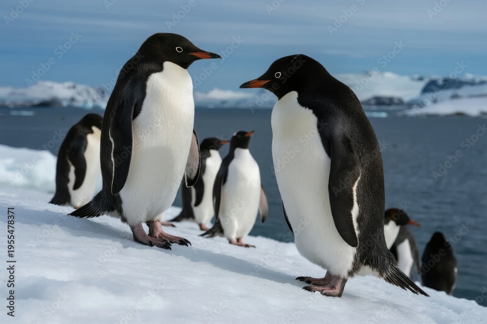 Obraz premium Ad��lie penguins standing on snow near icy waters in Antarctica
