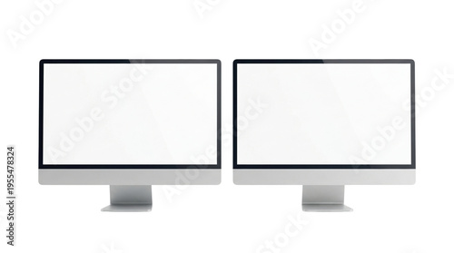 Schilderij op canvas Two silver desktop monitors with blank white screens isolated