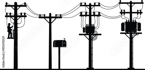 Utility poles silhouette illustration, electrical equipment with power lines, transformer vector artwork, urban energy infrastructure design, distribution system silhouette art