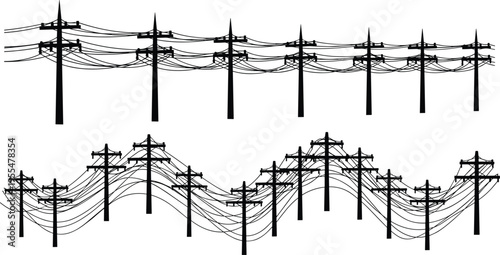 Utility poles silhouette illustration, straight and sagging power lines, electrical infrastructure vector artwork, urban energy distribution design, silhouette art