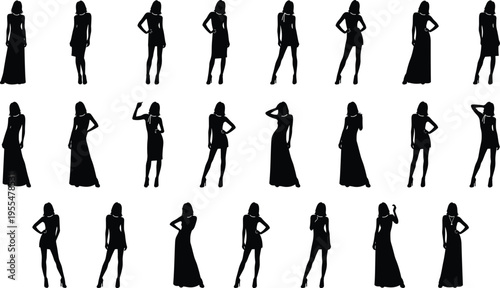 Collection of black silhouettes featuring fashion models in various poses, elegant women in dresses and evening gowns isolated on white