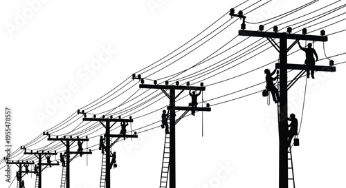 Utility poles with workers silhouette illustration, electrical infrastructure maintenance artwork, power distribution repair concept, black and white vector template set