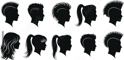 Vector silhouette set of female and male profiles with mohawks, ponytails, and trendy hairstyles, modern hair fashion icons isolated on white